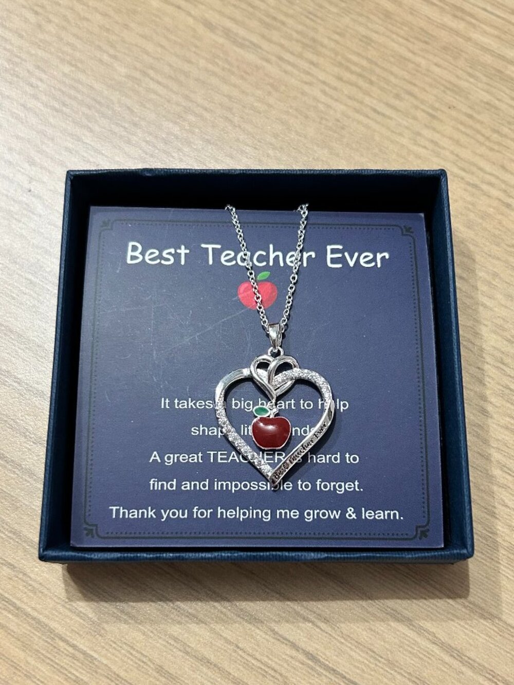 Best Teacher Ever Silvertone Rhinestone Heart & Red Apple Pendant Necklace NIB
